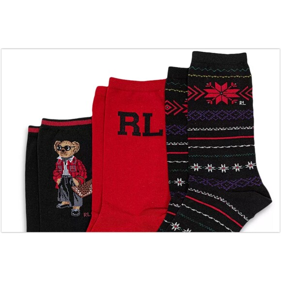 NIB Polo Ralph Lauren Womens 3 PAIRS Socks Black red RL POLO BEAR, logo Gift Box - Picture 3 of 3